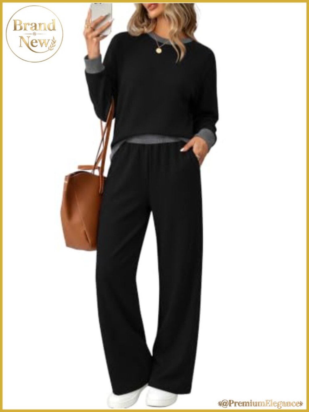 Two Piece Lounge Set Women Crew Neck Wide Leg Pant Travel Casual Outfit